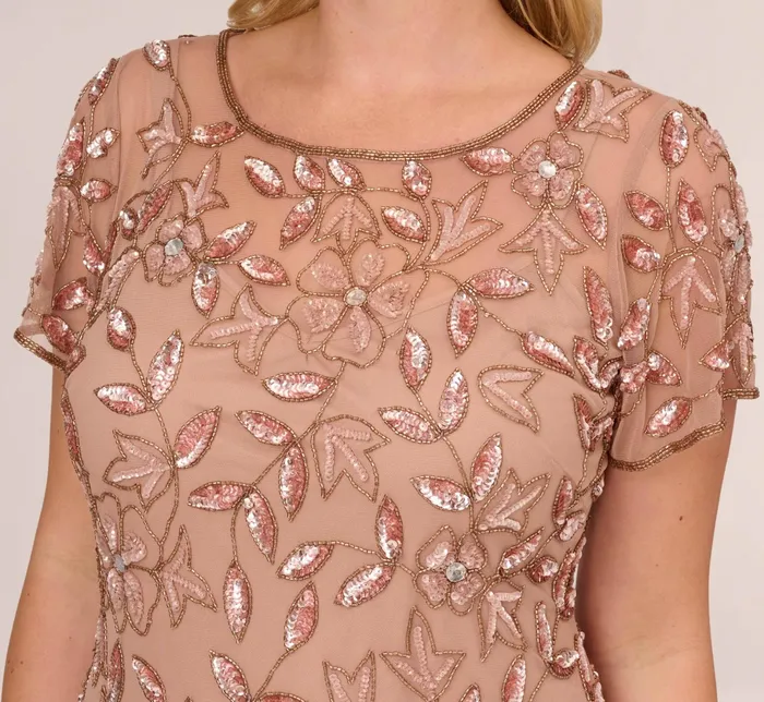Adrianna Papell Hand Beaded Short Sleeve Floral Godet Gown In Night Plum Night Plum Women Floral Dresses Adrianna Papell Hand Beaded Short Sleeve Floral Godet Gown In Night Plum Night Plum Women Floral Dresses