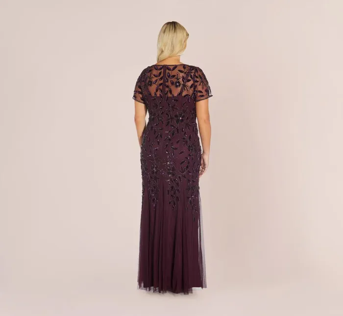 Adrianna Papell Hand Beaded Short Sleeve Floral Godet Gown In Night Plum Night Plum Women Floral Dresses Adrianna Papell Hand Beaded Short Sleeve Floral Godet Gown In Night Plum Night Plum Women Floral Dresses