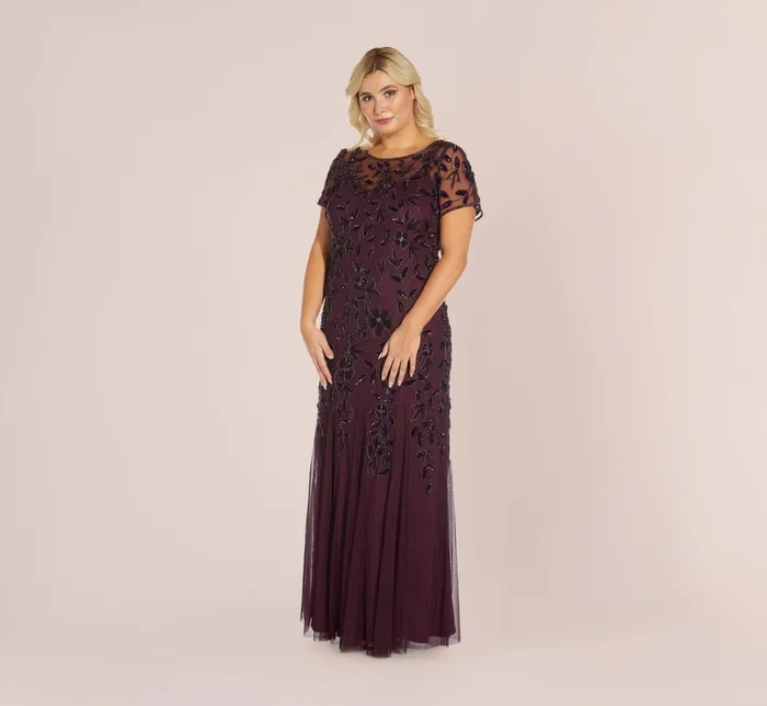 Adrianna Papell Hand Beaded Short Sleeve Floral Godet Gown In Night Plum Night Plum Women Floral Dresses Adrianna Papell Hand Beaded Short Sleeve Floral Godet Gown In Night Plum Night Plum Women Floral Dresses