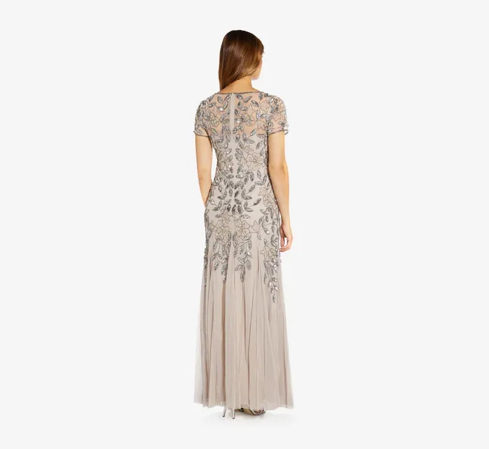 Adrianna Papell Hand Beaded Short Sleeve Floral Godet Gown In Night Plum Night Plum Women Floral Dresses Adrianna Papell Hand Beaded Short Sleeve Floral Godet Gown In Night Plum Night Plum Women Floral Dresses