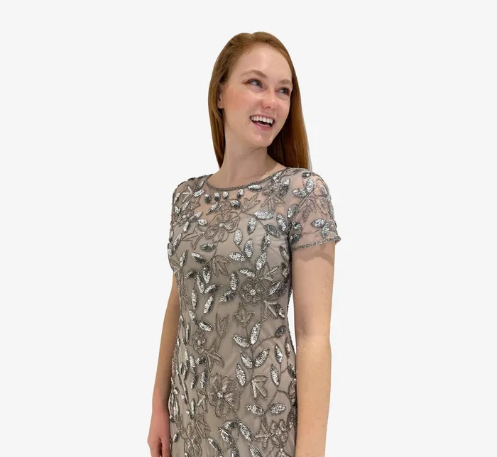 Adrianna Papell Hand Beaded Short Sleeve Floral Godet Gown In Night Plum Night Plum Women Floral Dresses Adrianna Papell Hand Beaded Short Sleeve Floral Godet Gown In Night Plum Night Plum Women Floral Dresses