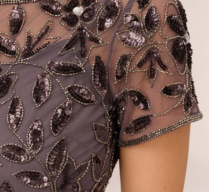 Adrianna Papell Hand Beaded Short Sleeve Floral Godet Gown In Night Plum Night Plum Women Floral Dresses Adrianna Papell Hand Beaded Short Sleeve Floral Godet Gown In Night Plum Night Plum Women Floral Dresses