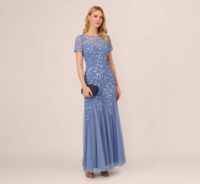 Adrianna Papell Hand Beaded Short Sleeve Floral Godet Gown In Night Plum Night Plum Women Floral Dresses Adrianna Papell Hand Beaded Short Sleeve Floral Godet Gown In Night Plum Night Plum Women Floral Dresses