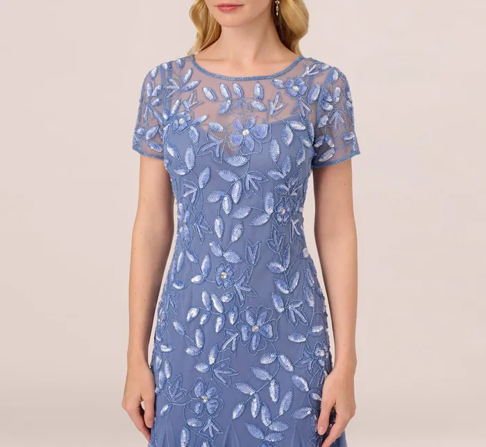 Adrianna Papell Hand Beaded Short Sleeve Floral Godet Gown In Night Plum Night Plum Women Floral Dresses Adrianna Papell Hand Beaded Short Sleeve Floral Godet Gown In Night Plum Night Plum Women Floral Dresses