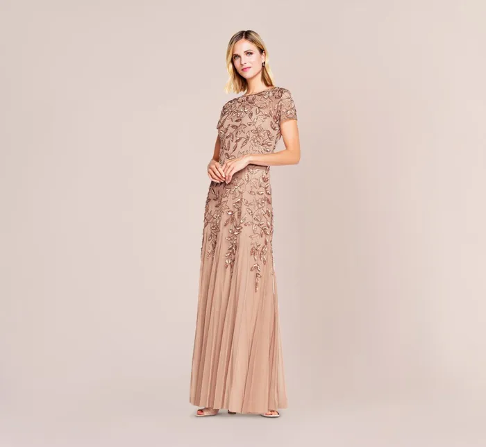 Adrianna Papell Hand Beaded Short Sleeve Floral Godet Gown In Night Plum Night Plum Women Floral Dresses Adrianna Papell Hand Beaded Short Sleeve Floral Godet Gown In Night Plum Night Plum Women Floral Dresses