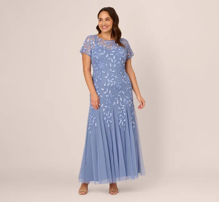 Adrianna Papell Hand Beaded Short Sleeve Floral Godet Gown In Night Plum Night Plum Women Floral Dresses Adrianna Papell Hand Beaded Short Sleeve Floral Godet Gown In Night Plum Night Plum Women Floral Dresses