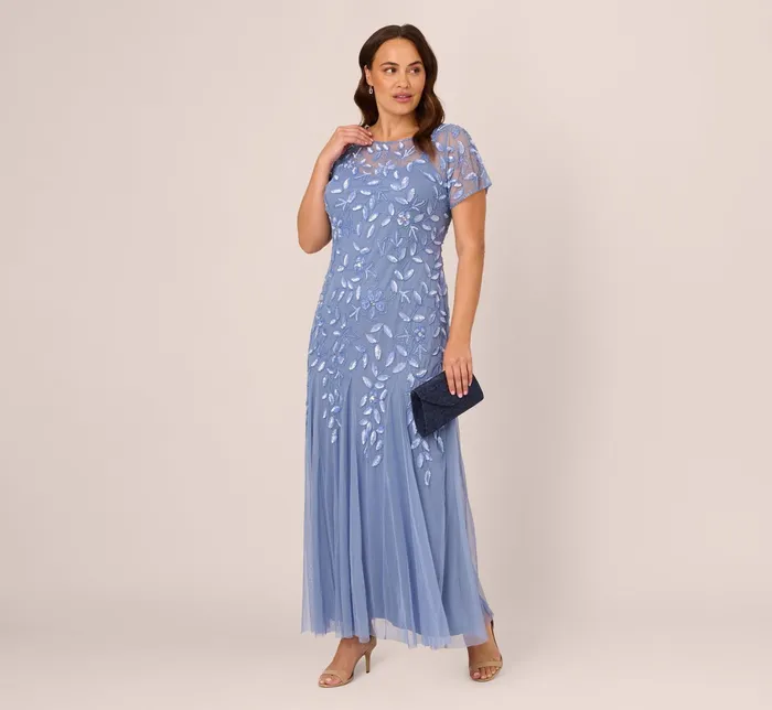 Adrianna Papell Hand Beaded Short Sleeve Floral Godet Gown In Night Plum Night Plum Women Floral Dresses Adrianna Papell Hand Beaded Short Sleeve Floral Godet Gown In Night Plum Night Plum Women Floral Dresses