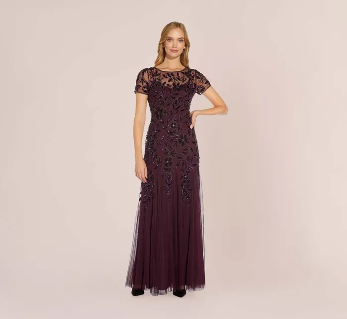 Adrianna Papell Hand Beaded Short Sleeve Floral Godet Gown In Night Plum Night Plum Women Floral Dresses Adrianna Papell Hand Beaded Short Sleeve Floral Godet Gown In Night Plum Night Plum Women Floral Dresses