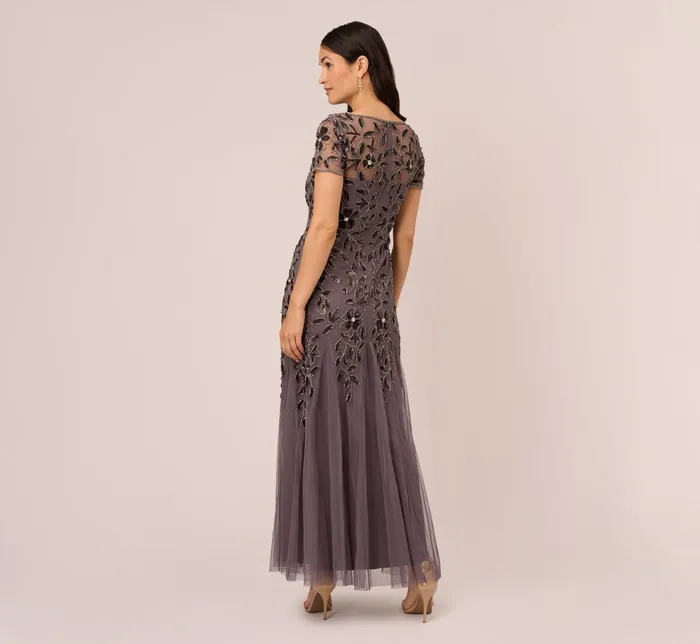 Adrianna Papell Hand Beaded Short Sleeve Floral Godet Gown In Night Plum Night Plum Women Floral Dresses Adrianna Papell Hand Beaded Short Sleeve Floral Godet Gown In Night Plum Night Plum Women Floral Dresses