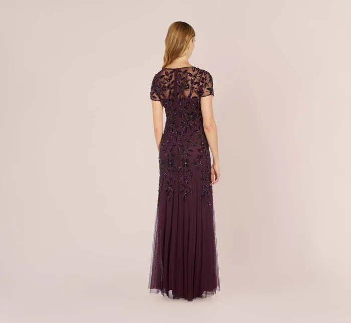Adrianna Papell Hand Beaded Short Sleeve Floral Godet Gown In Night Plum Night Plum Women Floral Dresses Adrianna Papell Hand Beaded Short Sleeve Floral Godet Gown In Night Plum Night Plum Women Floral Dresses