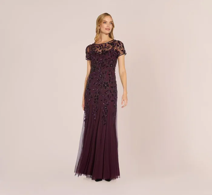 Adrianna Papell Hand Beaded Short Sleeve Floral Godet Gown In Night Plum Night Plum Women Floral Dresses Adrianna Papell Hand Beaded Short Sleeve Floral Godet Gown In Night Plum Night Plum Women Floral Dresses