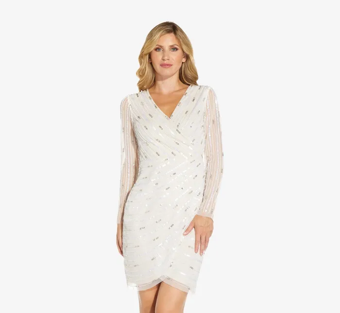 Adrianna Papell HandBeaded Wrap Dress In Ivory Pearl IvoryPearl Women Short Dresses Adrianna Papell HandBeaded Wrap Dress In Ivory Pearl IvoryPearl Women Short Dresses