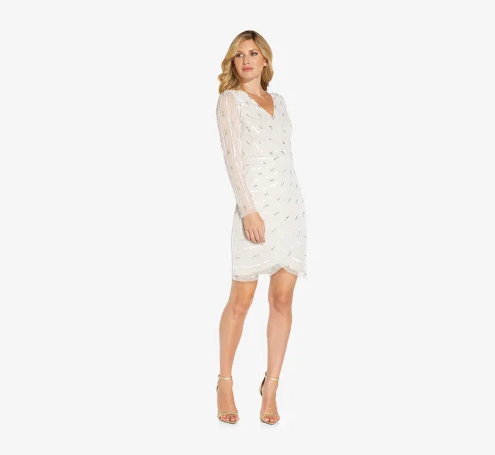 Adrianna Papell HandBeaded Wrap Dress In Ivory Pearl IvoryPearl Women Short Dresses Adrianna Papell HandBeaded Wrap Dress In Ivory Pearl IvoryPearl Women Short Dresses