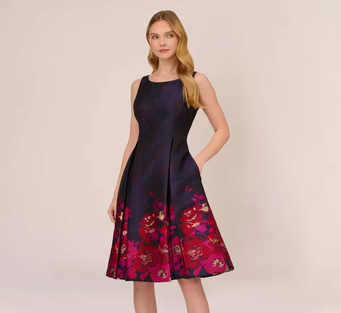 Adrianna Papell Jacquard Midi Dress With Metallic Floral Trim In Navy Pink Multi NavyPink Multi Women Floral Dresses Adrianna Papell Jacquard Midi Dress With Metallic Floral Trim In Navy Pink Multi NavyPink Multi Women Floral Dresses
