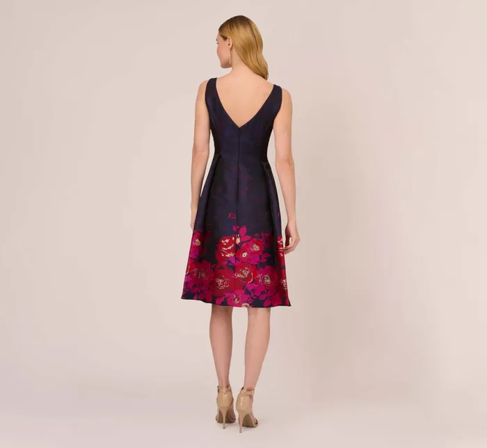Adrianna Papell Jacquard Midi Dress With Metallic Floral Trim In Navy Pink Multi NavyPink Multi Women Floral Dresses Adrianna Papell Jacquard Midi Dress With Metallic Floral Trim In Navy Pink Multi NavyPink Multi Women Floral Dresses
