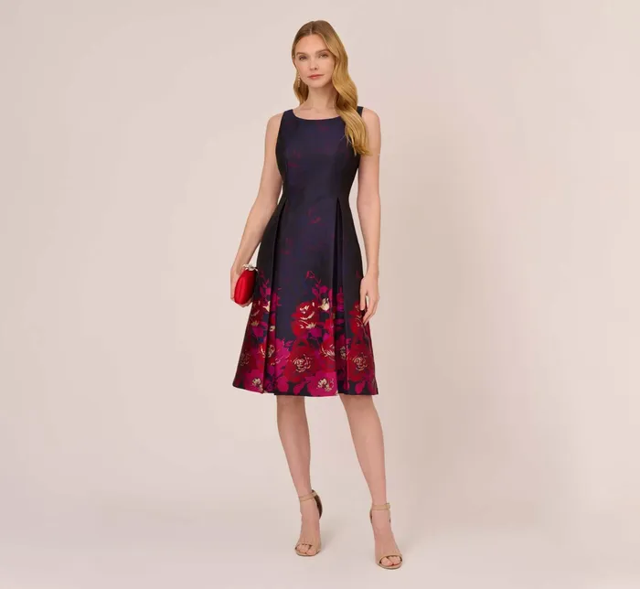Adrianna Papell Jacquard Midi Dress With Metallic Floral Trim In Navy Pink Multi NavyPink Multi Women Floral Dresses Adrianna Papell Jacquard Midi Dress With Metallic Floral Trim In Navy Pink Multi NavyPink Multi Women Floral Dresses