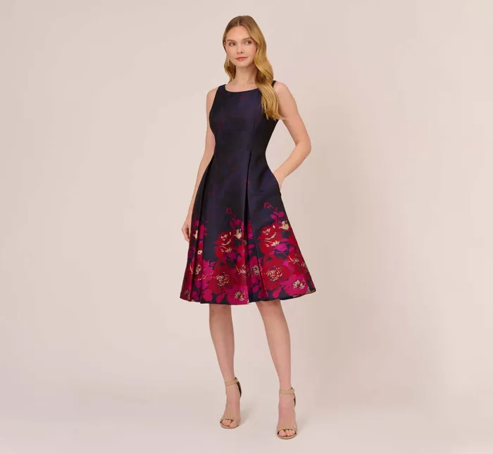 Adrianna Papell Jacquard Midi Dress With Metallic Floral Trim In Navy Pink Multi NavyPink Multi Women Floral Dresses Adrianna Papell Jacquard Midi Dress With Metallic Floral Trim In Navy Pink Multi NavyPink Multi Women Floral Dresses