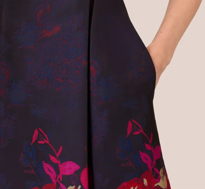 Adrianna Papell Jacquard Midi Dress With Metallic Floral Trim In Navy Pink Multi NavyPink Multi Women Floral Dresses Adrianna Papell Jacquard Midi Dress With Metallic Floral Trim In Navy Pink Multi NavyPink Multi Women Floral Dresses