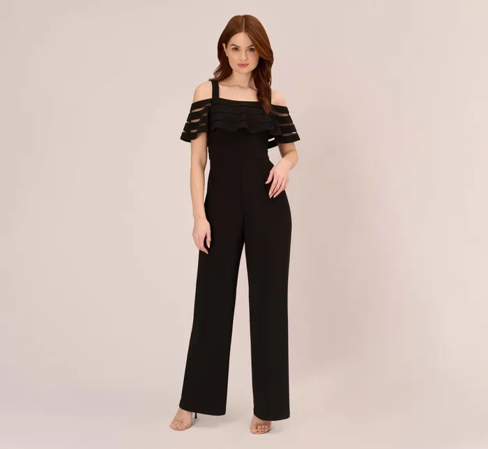 Adrianna Papell Jersey Banded Ruffled Jumpsuit With Cold Shoulder In Black Black Women Cocktail Dresses Adrianna Papell Jersey Banded Ruffled Jumpsuit With Cold Shoulder In Black Black Women Cocktail Dresses