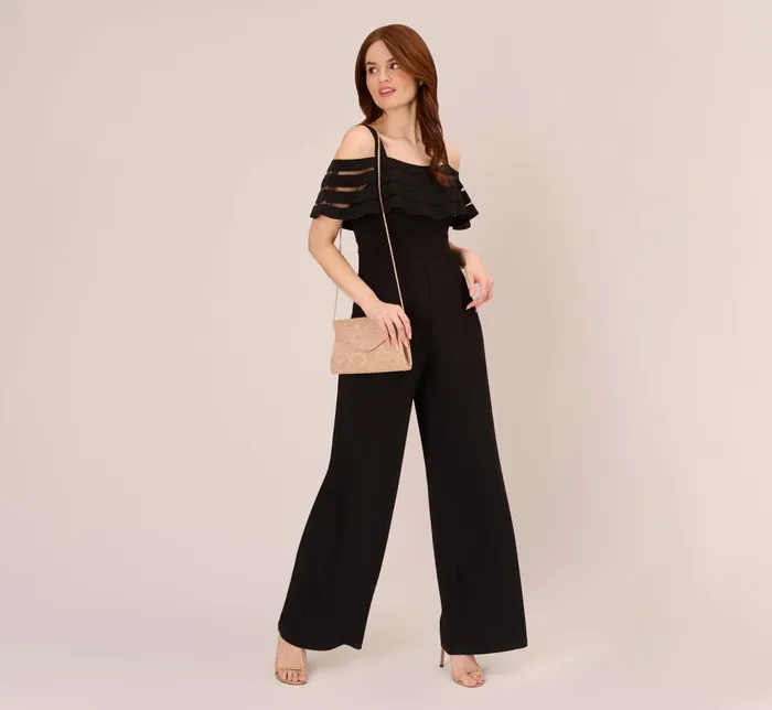 Adrianna Papell Jersey Banded Ruffled Jumpsuit With Cold Shoulder In Black Black Women Cocktail Dresses Adrianna Papell Jersey Banded Ruffled Jumpsuit With Cold Shoulder In Black Black Women Cocktail Dresses