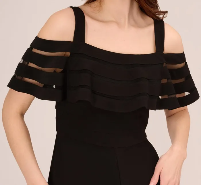 Adrianna Papell Jersey Banded Ruffled Jumpsuit With Cold Shoulder In Black Black Women Cocktail Dresses Adrianna Papell Jersey Banded Ruffled Jumpsuit With Cold Shoulder In Black Black Women Cocktail Dresses