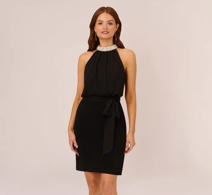 Adrianna Papell Jersey Blouson Dress With Pearl Mock Neck And Tie Waist In Black Black Women Cocktail Dresses Adrianna Papell Jersey Blouson Dress With Pearl Mock Neck And Tie Waist In Black Black Women Cocktail Dresses