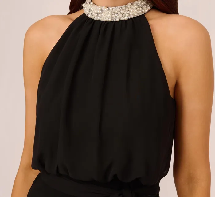 Adrianna Papell Jersey Blouson Dress With Pearl Mock Neck And Tie Waist In Black Black Women Cocktail Dresses Adrianna Papell Jersey Blouson Dress With Pearl Mock Neck And Tie Waist In Black Black Women Cocktail Dresses