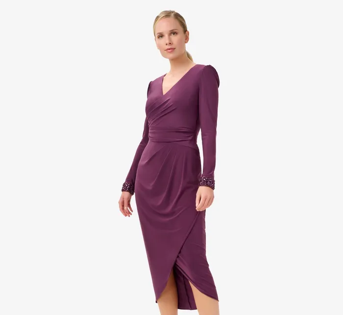 Adrianna Papell Jersey MidiLength Wrap Dress With Beaded Cuff In Rich Shiraz Rich Shiraz Women Midi Dresses Adrianna Papell Jersey MidiLength Wrap Dress With Beaded Cuff In Rich Shiraz Rich Shiraz Women Midi Dresses