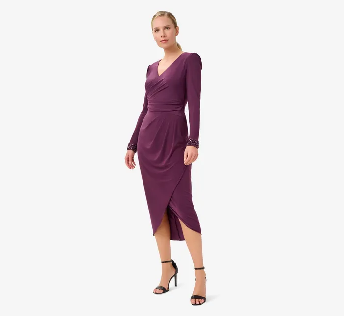 Adrianna Papell Jersey MidiLength Wrap Dress With Beaded Cuff In Rich Shiraz Rich Shiraz Women Midi Dresses Adrianna Papell Jersey MidiLength Wrap Dress With Beaded Cuff In Rich Shiraz Rich Shiraz Women Midi Dresses