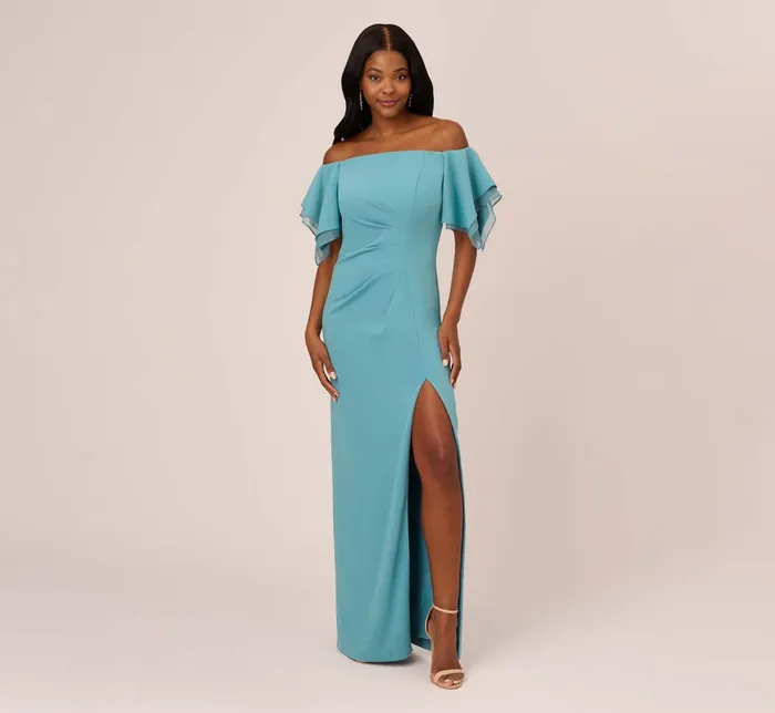 Adrianna Papell Knit Crepe And Organza Off The Shoulder Long Column Gown With Tiered Sleeves In Moody Aqua Moody Aqua Women Long Dresses