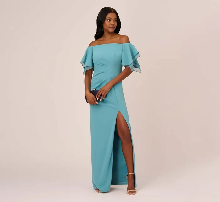 Adrianna Papell Knit Crepe And Organza Off The Shoulder Long Column Gown With Tiered Sleeves In Moody Aqua Moody Aqua Women Long Dresses Adrianna Papell Knit Crepe And Organza Off The Shoulder Long Column Gown With Tiered Sleeves In Moody Aqua Moody Aqua Women Long Dresses