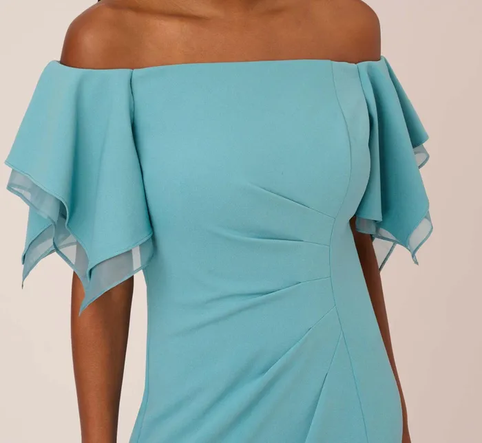Adrianna Papell Knit Crepe And Organza Off The Shoulder Long Column Gown With Tiered Sleeves In Moody Aqua Moody Aqua Women Long Dresses Adrianna Papell Knit Crepe And Organza Off The Shoulder Long Column Gown With Tiered Sleeves In Moody Aqua Moody Aqua Women Long Dresses