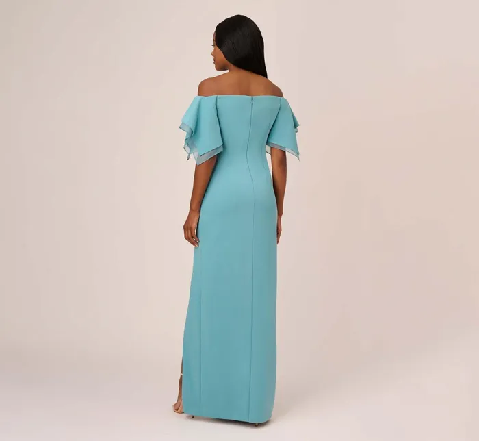 Adrianna Papell Knit Crepe And Organza Off The Shoulder Long Column Gown With Tiered Sleeves In Moody Aqua Moody Aqua Women Long Dresses Adrianna Papell Knit Crepe And Organza Off The Shoulder Long Column Gown With Tiered Sleeves In Moody Aqua Moody Aqua Women Long Dresses