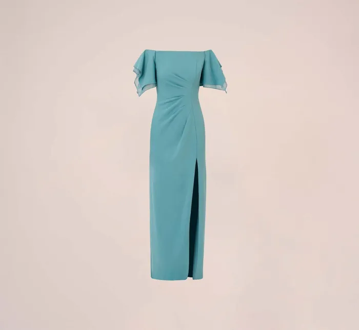 Adrianna Papell Knit Crepe And Organza Off The Shoulder Long Column Gown With Tiered Sleeves In Moody Aqua Moody Aqua Women Long Dresses Adrianna Papell Knit Crepe And Organza Off The Shoulder Long Column Gown With Tiered Sleeves In Moody Aqua Moody Aqua Women Long Dresses