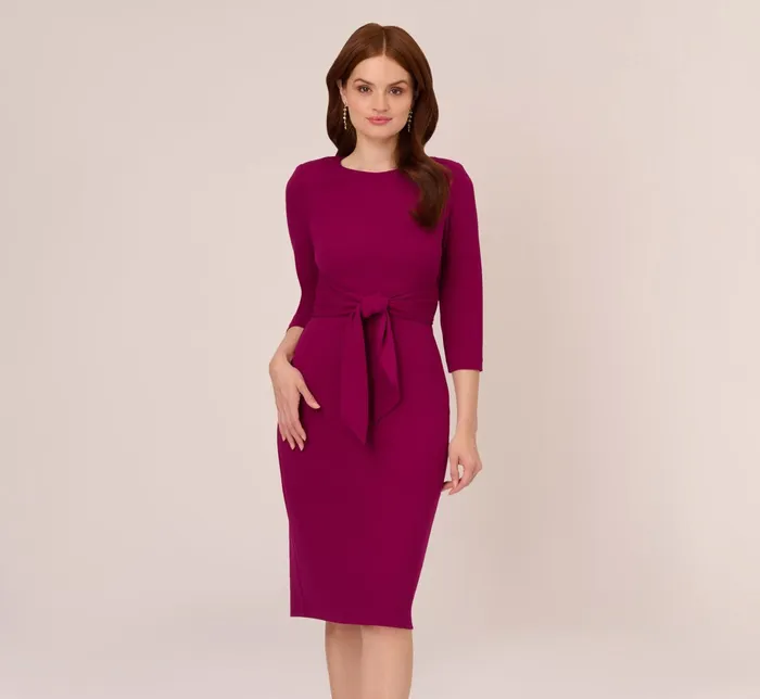 Adrianna Papell Knit Crepe Bow Sheath Dress With Three Quarter Sleeves In Wildberry Wildberry Women Midi Dresses Adrianna Papell Knit Crepe Bow Sheath Dress With Three Quarter Sleeves In Wildberry Wildberry Women Midi Dresses