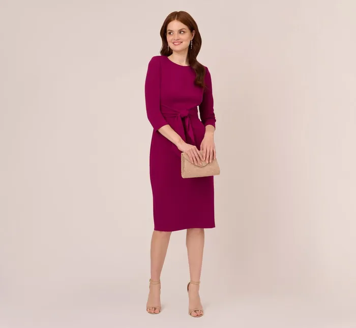 Adrianna Papell Knit Crepe Bow Sheath Dress With Three Quarter Sleeves In Wildberry Wildberry Women Midi Dresses Adrianna Papell Knit Crepe Bow Sheath Dress With Three Quarter Sleeves In Wildberry Wildberry Women Midi Dresses