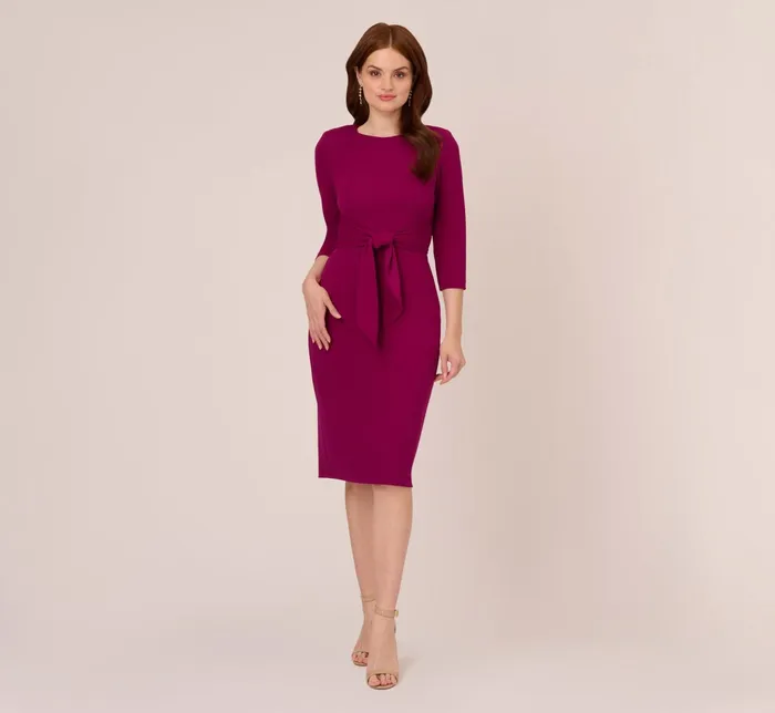 Adrianna Papell Knit Crepe Bow Sheath Dress With Three Quarter Sleeves In Wildberry Wildberry Women Midi Dresses Adrianna Papell Knit Crepe Bow Sheath Dress With Three Quarter Sleeves In Wildberry Wildberry Women Midi Dresses