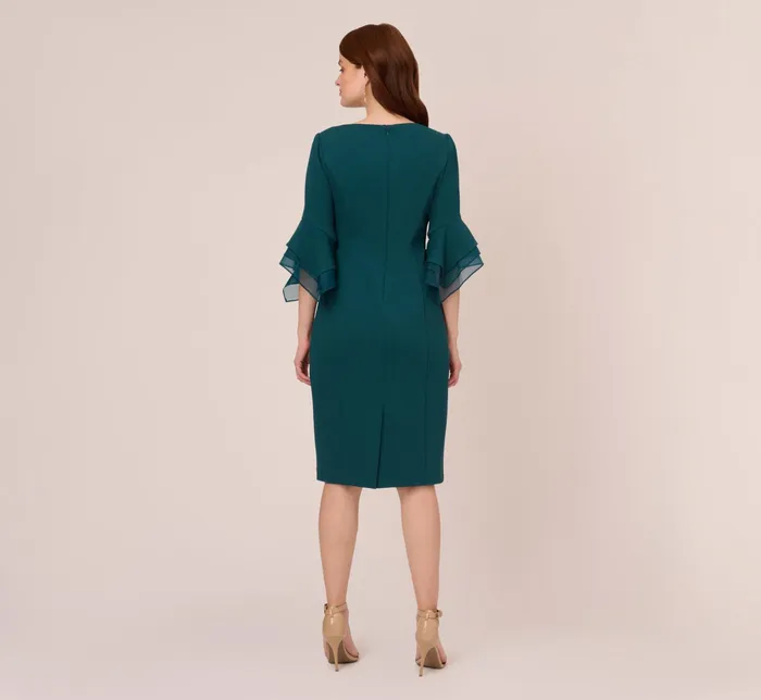 Adrianna Papell Knit Crepe Sheath Dress With Tiered Three Quarter Sleeves In Hunter Hunter Women Midi Dresses Adrianna Papell Knit Crepe Sheath Dress With Tiered Three Quarter Sleeves In Hunter Hunter Women Midi Dresses