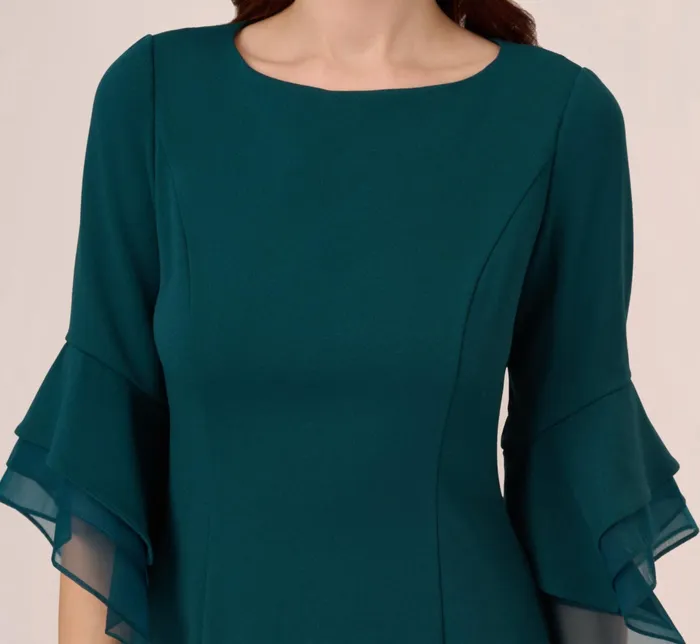 Adrianna Papell Knit Crepe Sheath Dress With Tiered Three Quarter Sleeves In Hunter Hunter Women Midi Dresses Adrianna Papell Knit Crepe Sheath Dress With Tiered Three Quarter Sleeves In Hunter Hunter Women Midi Dresses