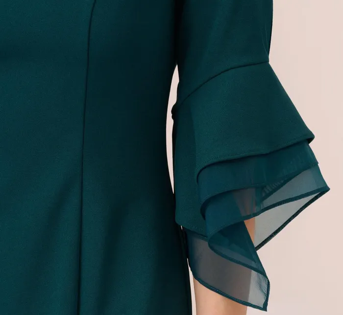 Adrianna Papell Knit Crepe Sheath Dress With Tiered Three Quarter Sleeves In Hunter Hunter Women Midi Dresses Adrianna Papell Knit Crepe Sheath Dress With Tiered Three Quarter Sleeves In Hunter Hunter Women Midi Dresses