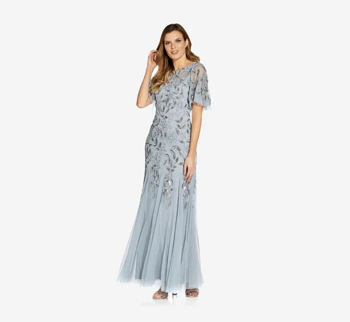 Adrianna Papell Long Floral Beaded Gown With Flutter Sleeves In Blue Heather Blue Heather Women Floral Dresses Adrianna Papell Long Floral Beaded Gown With Flutter Sleeves In Blue Heather Blue Heather Women Floral Dresses