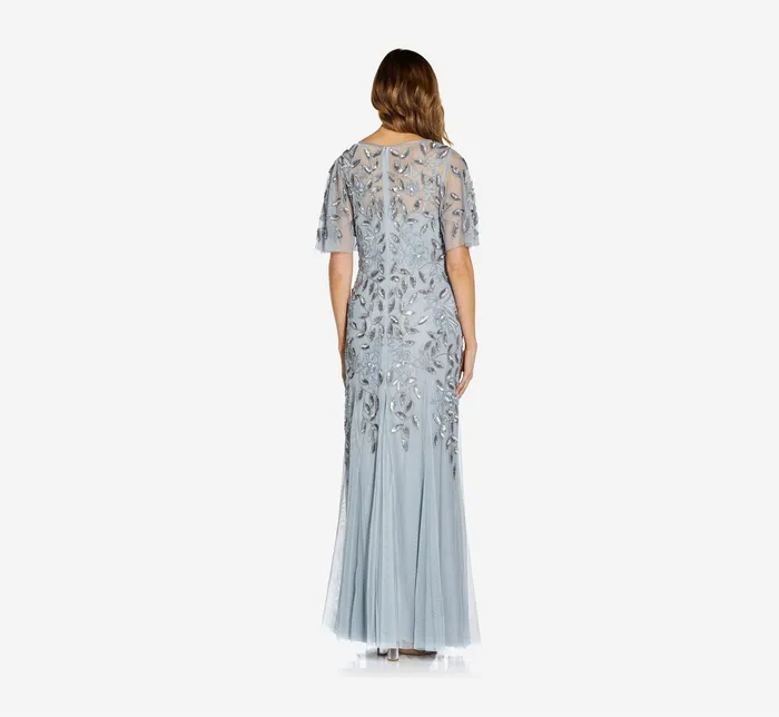 Adrianna Papell Long Floral Beaded Gown With Flutter Sleeves In Blue Heather Blue Heather Women Floral Dresses Adrianna Papell Long Floral Beaded Gown With Flutter Sleeves In Blue Heather Blue Heather Women Floral Dresses