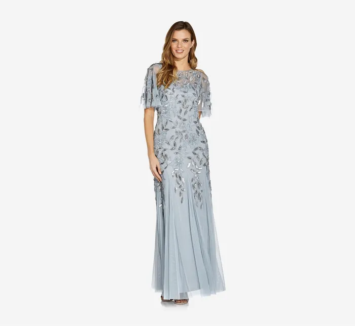 Adrianna Papell Long Floral Beaded Gown With Flutter Sleeves In Blue Heather Blue Heather Women Floral Dresses Adrianna Papell Long Floral Beaded Gown With Flutter Sleeves In Blue Heather Blue Heather Women Floral Dresses