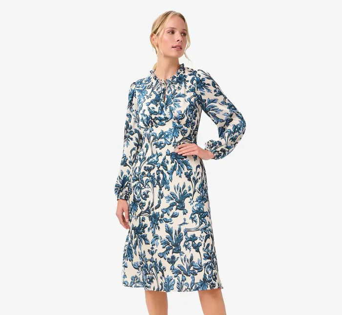 Adrianna Papell Long Sleeve Printed Empire Waist Dress With Tie Neck In Blue Multi Blue Multi Women Day Dresses Adrianna Papell Long Sleeve Printed Empire Waist Dress With Tie Neck In Blue Multi Blue Multi Women Day Dresses