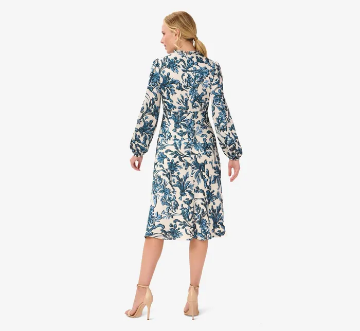 Adrianna Papell Long Sleeve Printed Empire Waist Dress With Tie Neck In Blue Multi Blue Multi Women Day Dresses Adrianna Papell Long Sleeve Printed Empire Waist Dress With Tie Neck In Blue Multi Blue Multi Women Day Dresses