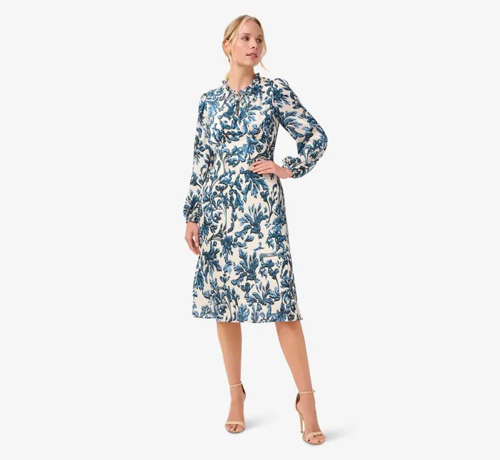 Adrianna Papell Long Sleeve Printed Empire Waist Dress With Tie Neck In Blue Multi Blue Multi Women Day Dresses Adrianna Papell Long Sleeve Printed Empire Waist Dress With Tie Neck In Blue Multi Blue Multi Women Day Dresses