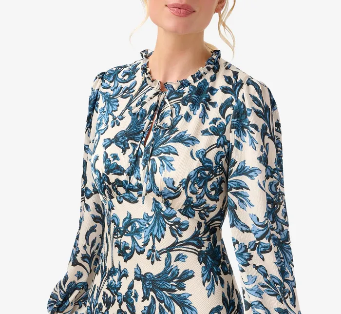 Adrianna Papell Long Sleeve Printed Empire Waist Dress With Tie Neck In Blue Multi Blue Multi Women Day Dresses Adrianna Papell Long Sleeve Printed Empire Waist Dress With Tie Neck In Blue Multi Blue Multi Women Day Dresses