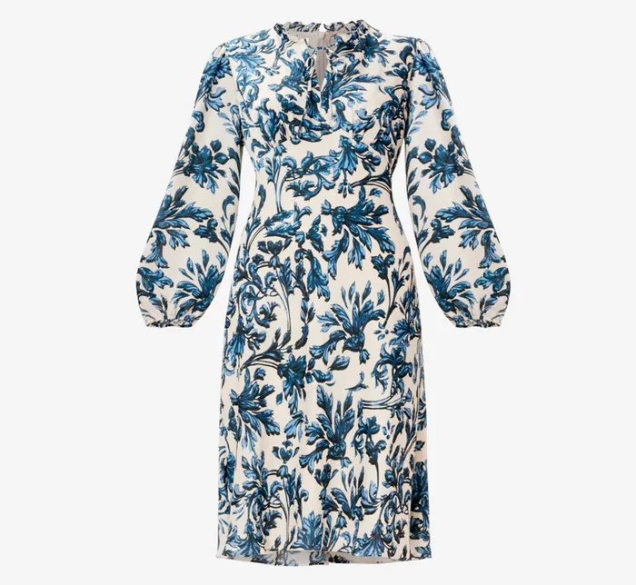 Adrianna Papell Long Sleeve Printed Empire Waist Dress With Tie Neck In Blue Multi Blue Multi Women Day Dresses Adrianna Papell Long Sleeve Printed Empire Waist Dress With Tie Neck In Blue Multi Blue Multi Women Day Dresses