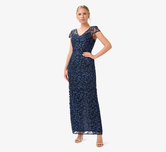 Adrianna Papell Metallic Embroidered Column Gown In Midnight Midnight Women Long Dresses Adrianna Papell Metallic Embroidered Column Gown In Midnight Midnight Women Long Dresses