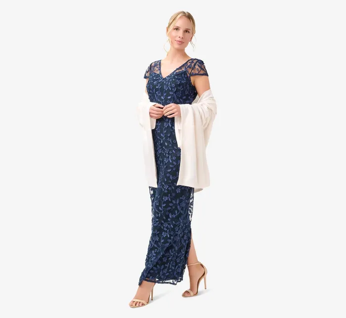 Adrianna Papell Metallic Embroidered Column Gown In Midnight Midnight Women Long Dresses Adrianna Papell Metallic Embroidered Column Gown In Midnight Midnight Women Long Dresses